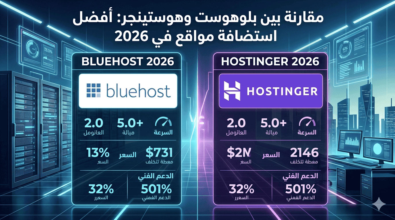 مقارنة بين Bluehost و Hostinger 2026 من حيث السرعة والسعر والأداء