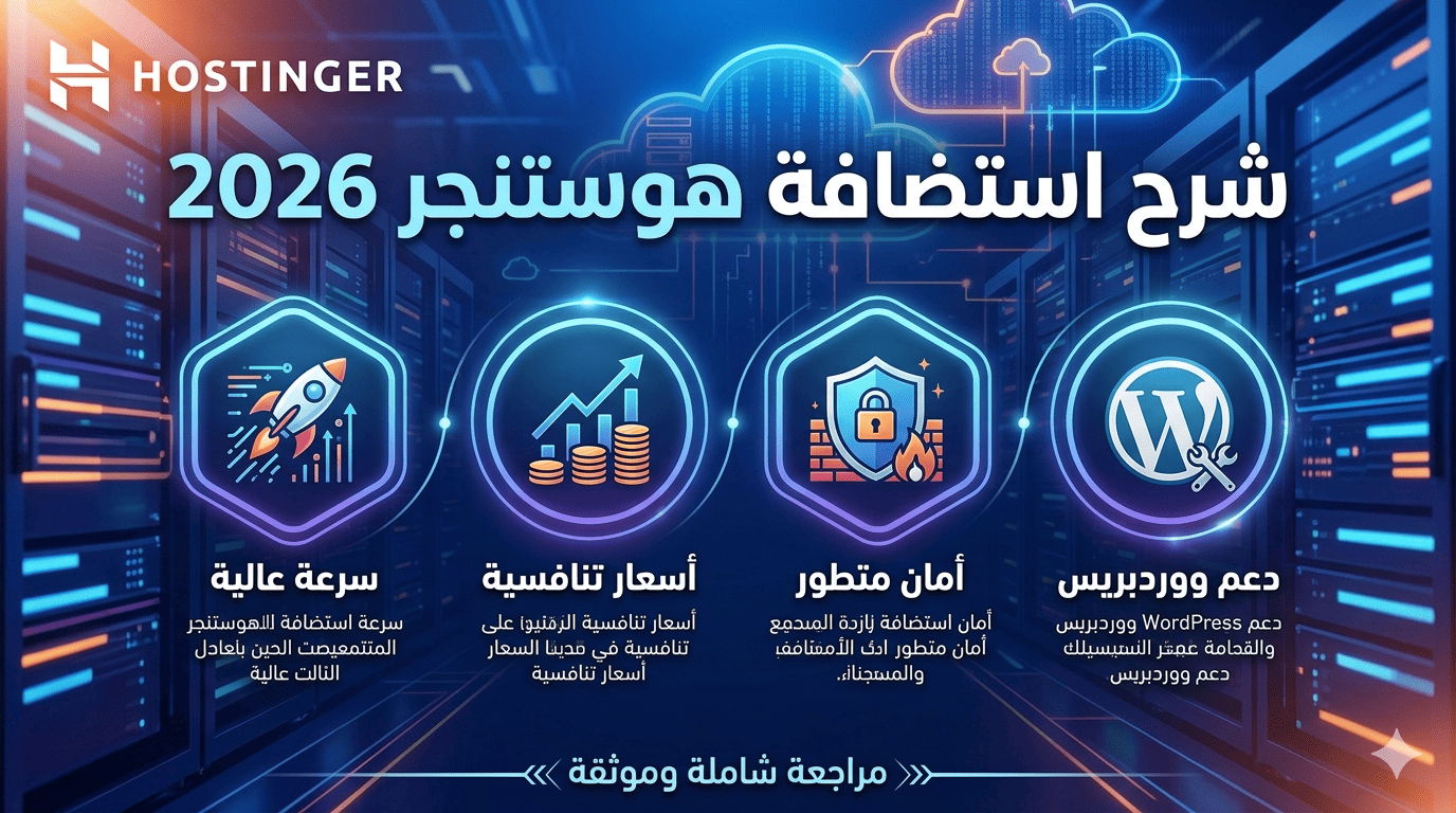 صورة مراجعة استضافة Hostinger 2026 توضح الأداء والسعر والمميزات والعيوب