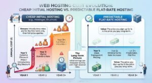 Infographic illustrating the 3-year Total Cost of Ownership and renewal price jumps in budget hosting.