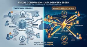 Comparative diagram showing Edge Delivery Network vs Standard Origin Server architecture for WordPress 2026.